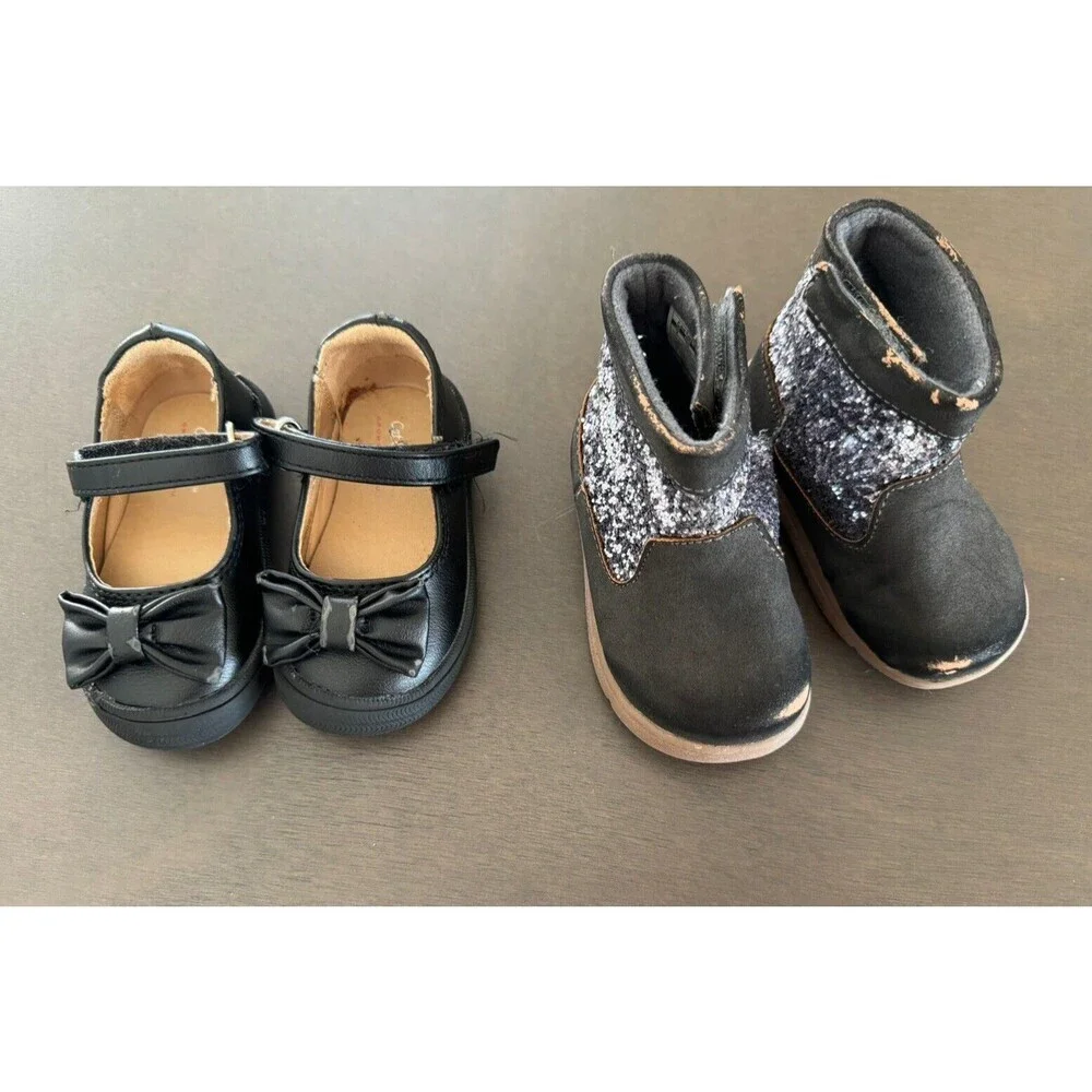 baby girl shoes bundle black Mary Jane + carter's boots glitter size 4 toddler